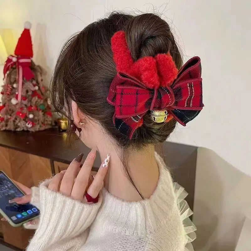 Christmas Bow and Bell Claw Clip