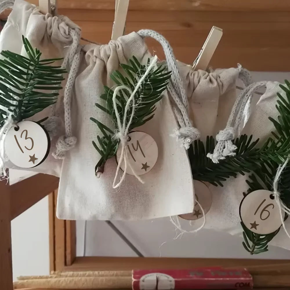 Advent Drawstring Gift Bags with Number Tags — Set of 24