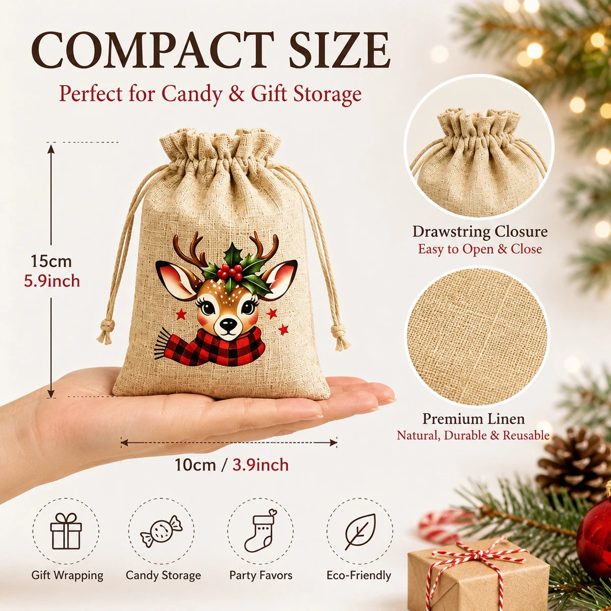 Linen-Look Christmas Drawstring Gift Pouches
