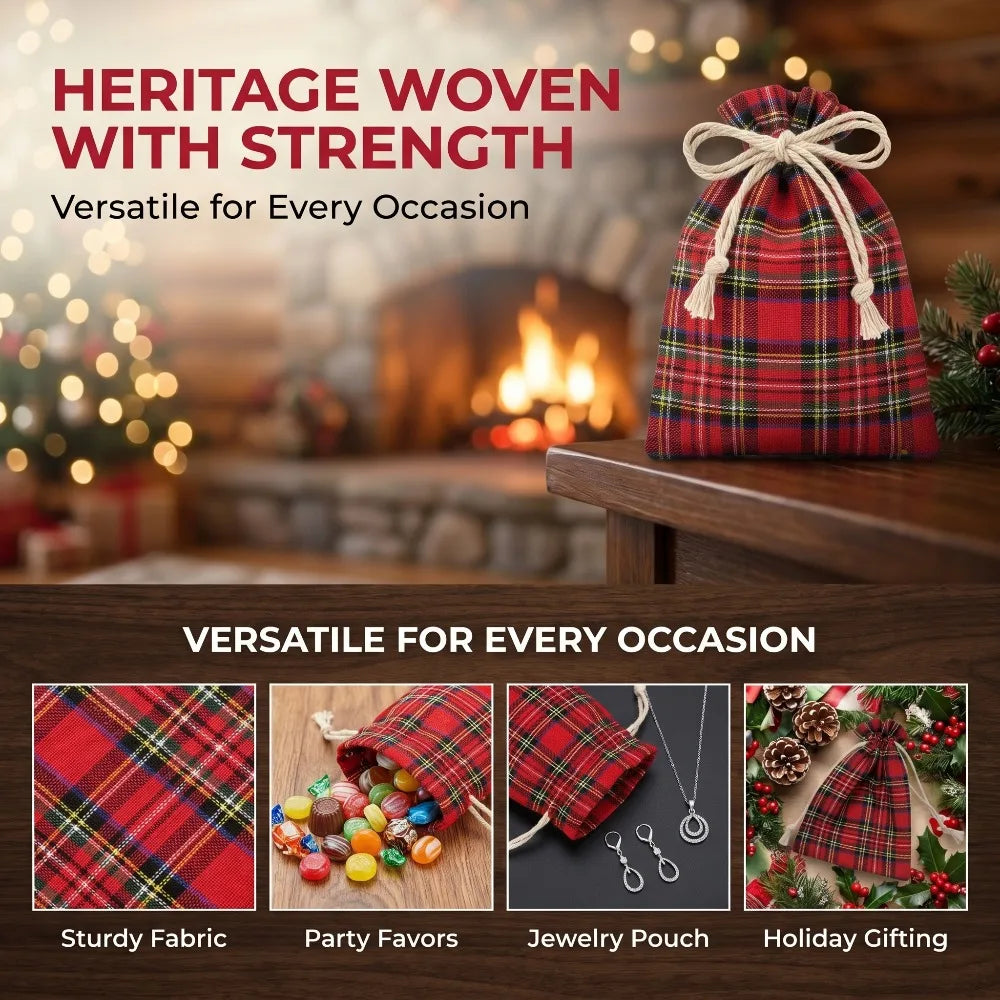 Red Tartan Drawstring Gift Bags — Pack of 10