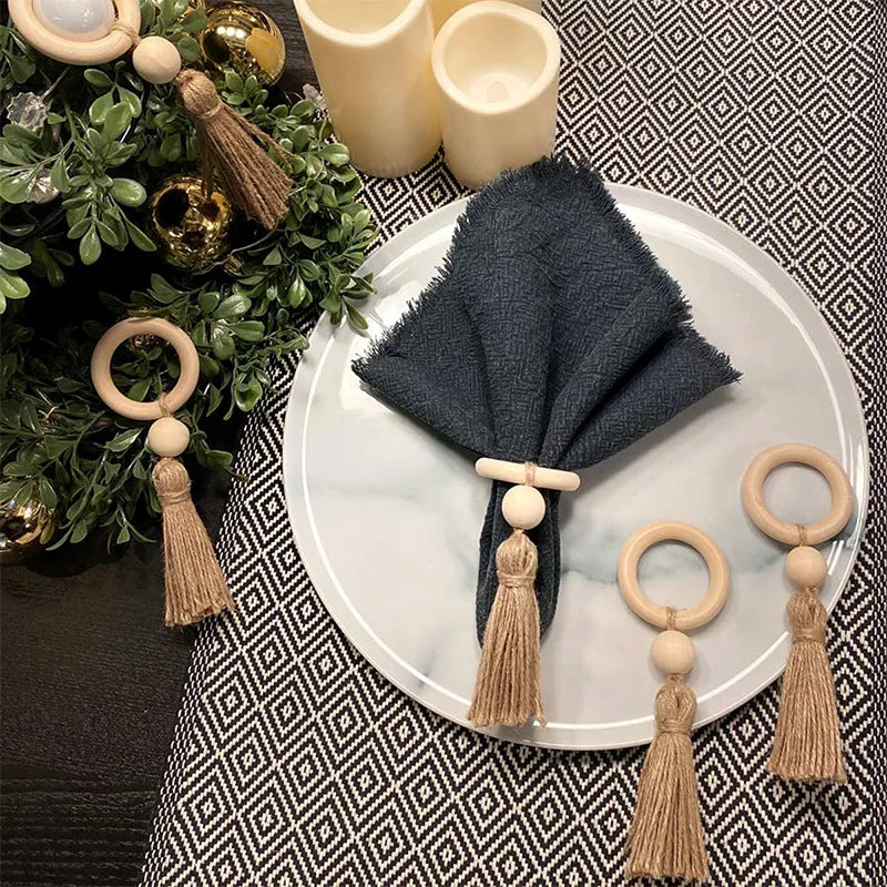 Wood Bead & Tassel Napkin Rings