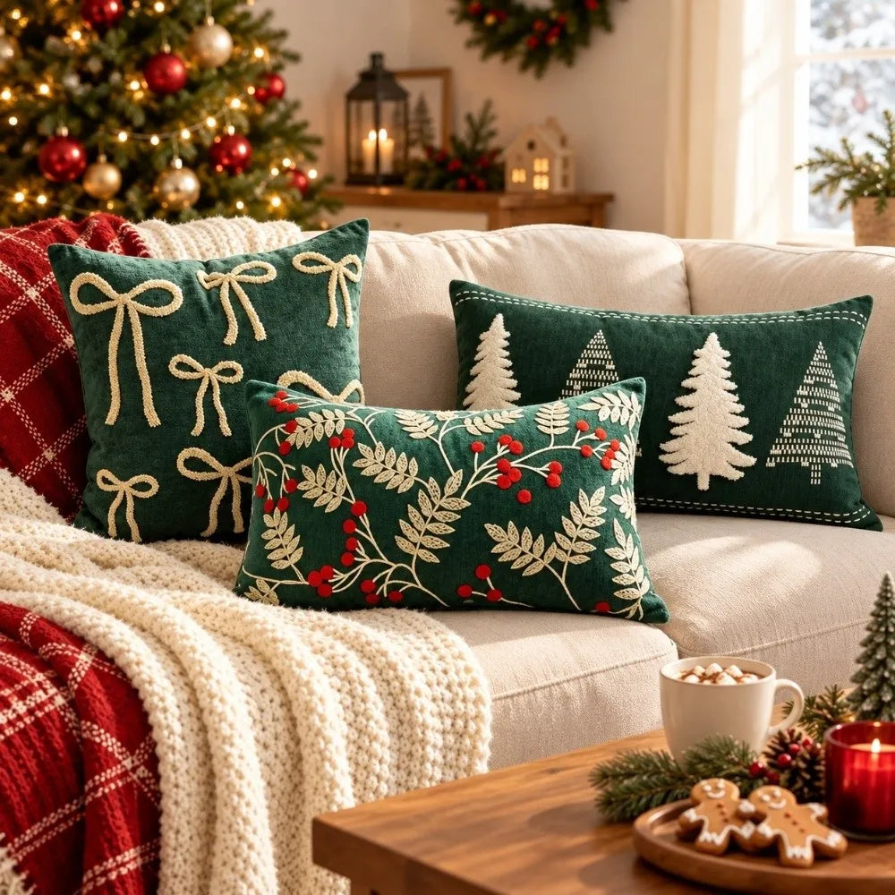 Green Christmas Motif Pillow Cover