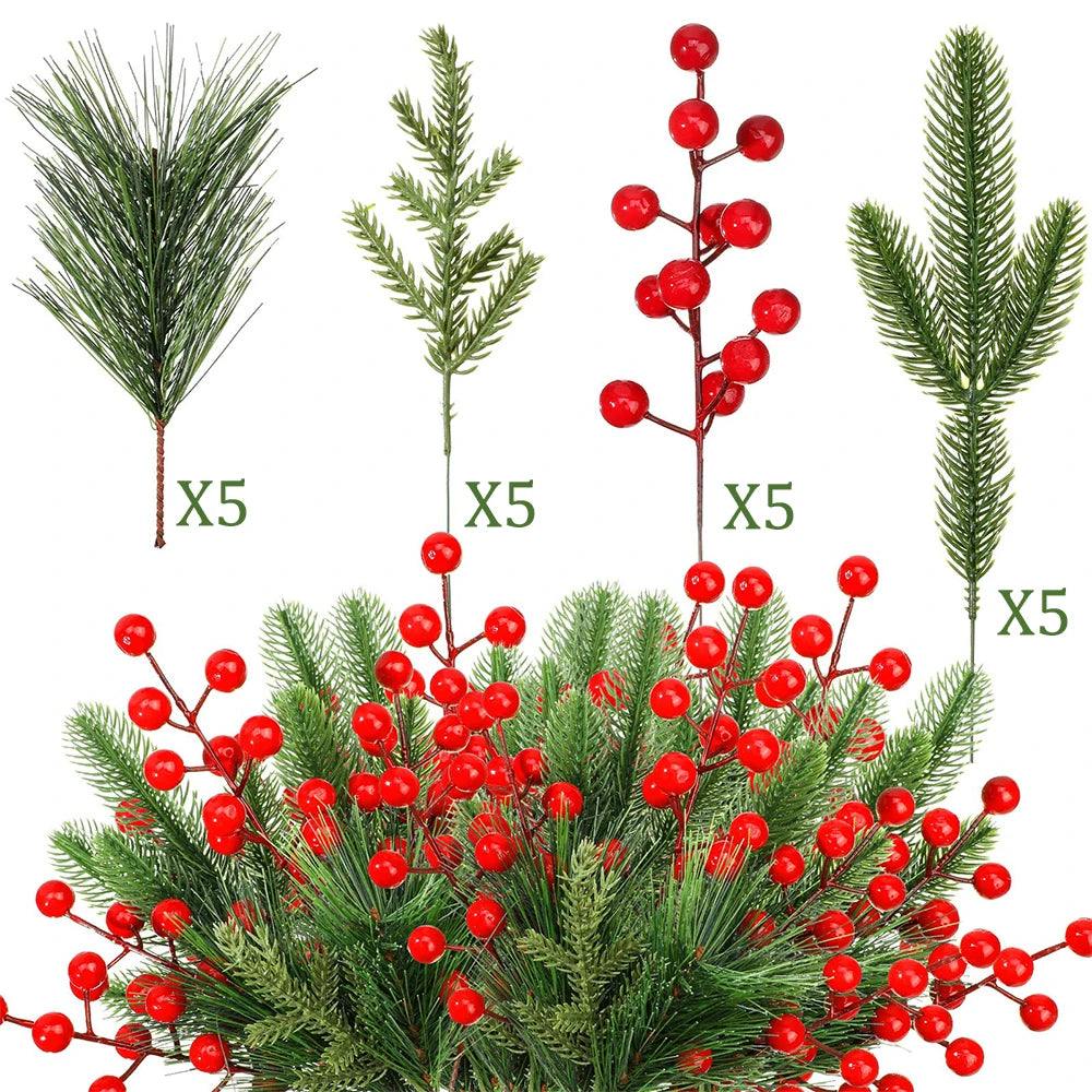 Pine and Red Berry Stems — Set of 20
