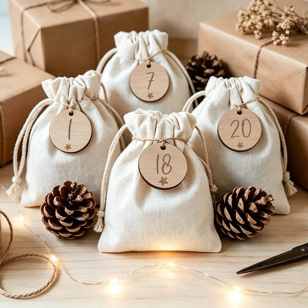 Advent Drawstring Gift Bags with Number Tags — Set of 24