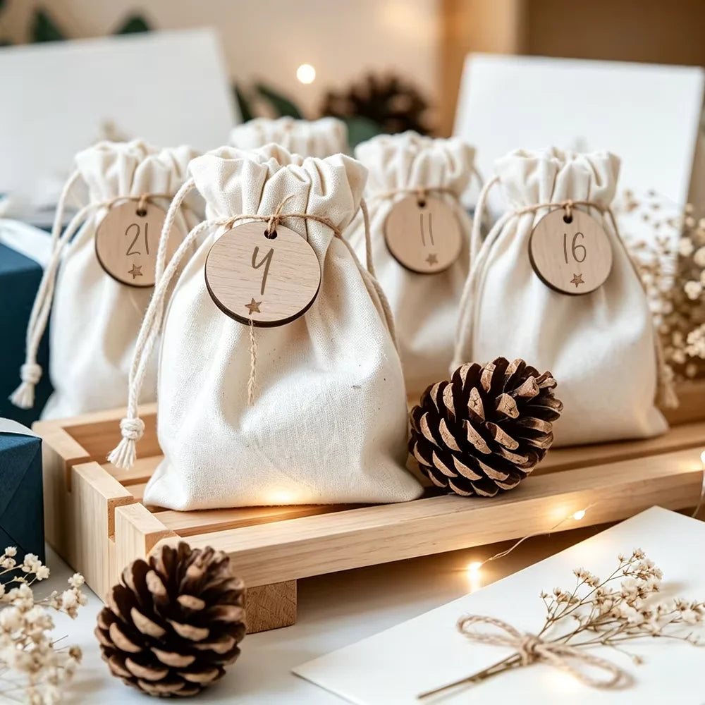 Advent Drawstring Gift Bags with Number Tags — Set of 24