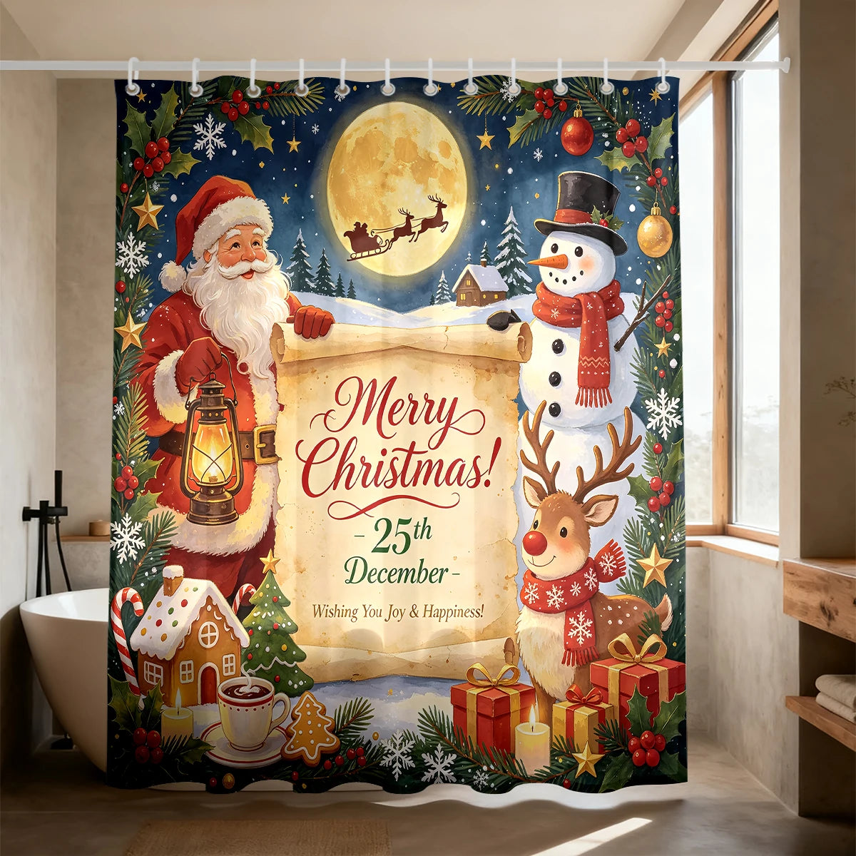 Santa and Snowman Moonlight Shower Curtain
