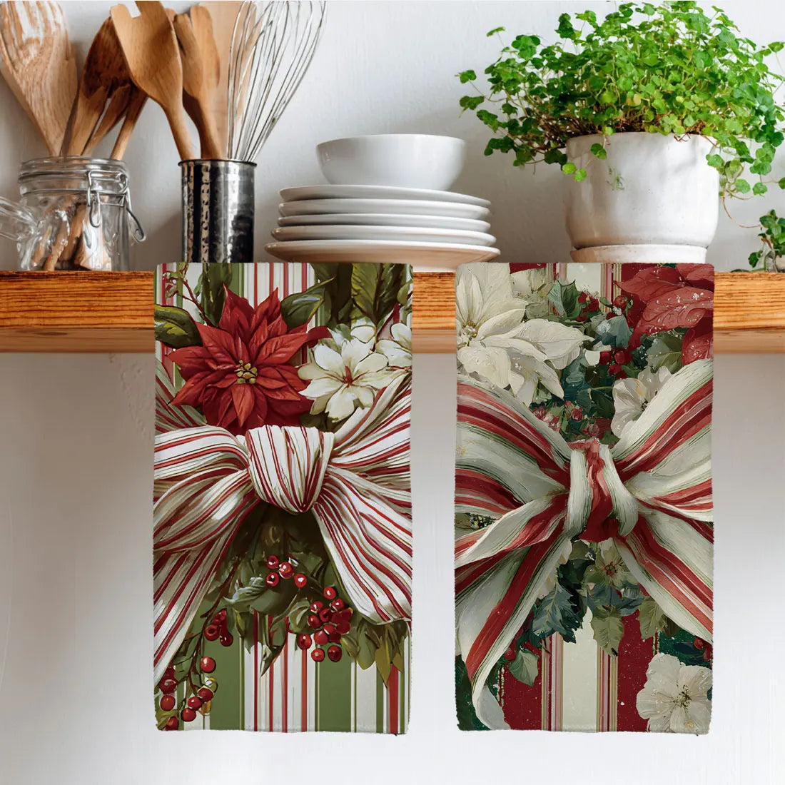 Vintage Christmas Floral Kitchen Towels — Set of 2