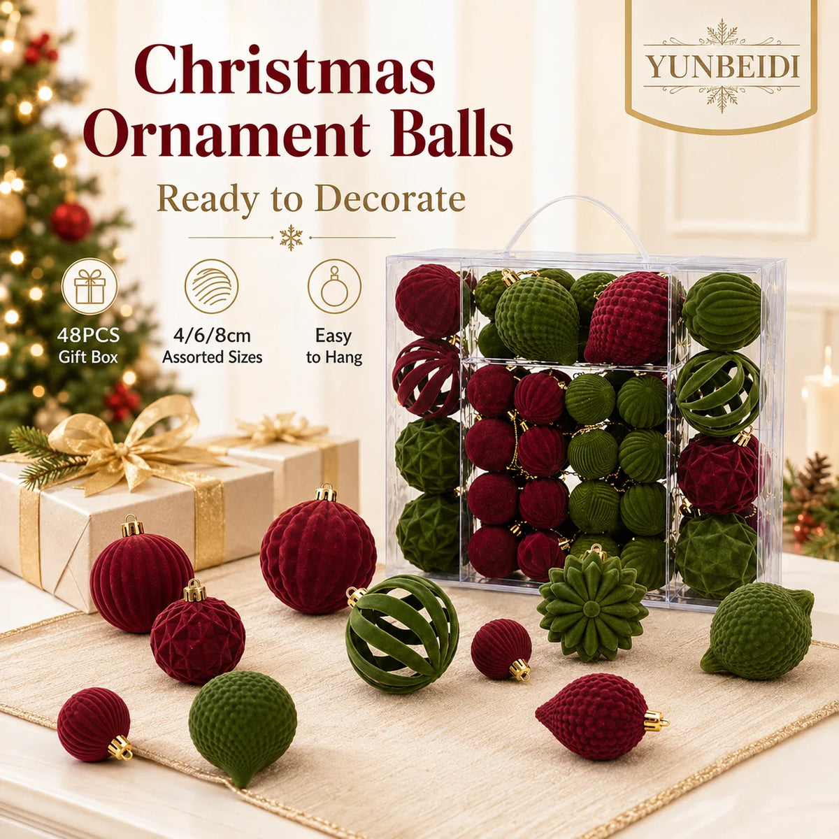 Velvet-Look Christmas Baubles — Set of 48