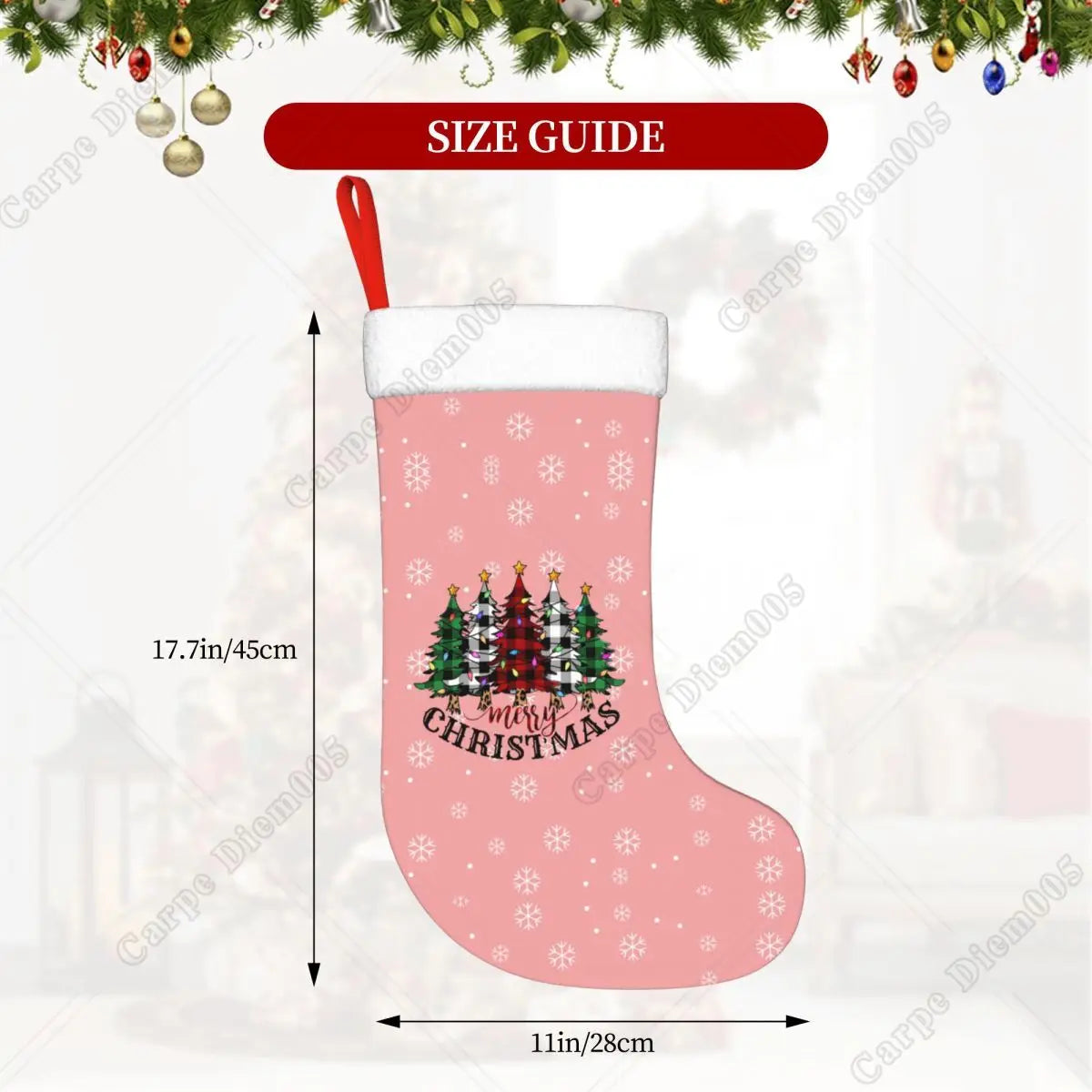 Pink Snowflake and Tree Christmas Stocking