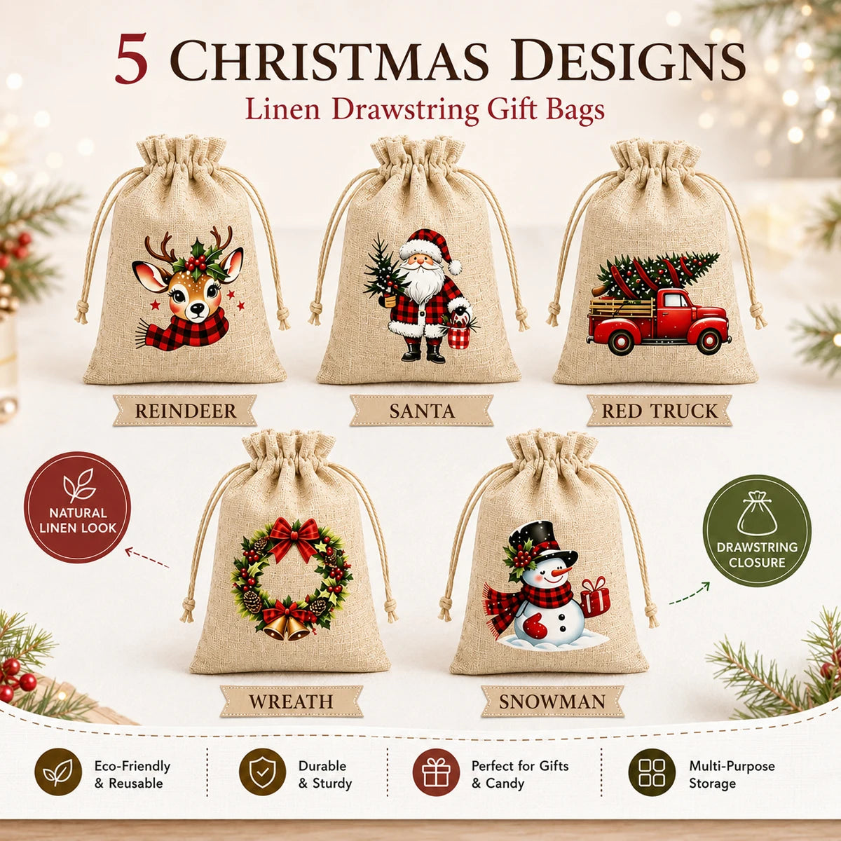 Linen-Look Christmas Drawstring Gift Pouches