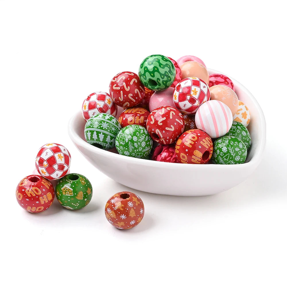 Printed Christmas Wooden Beads — 16 mm