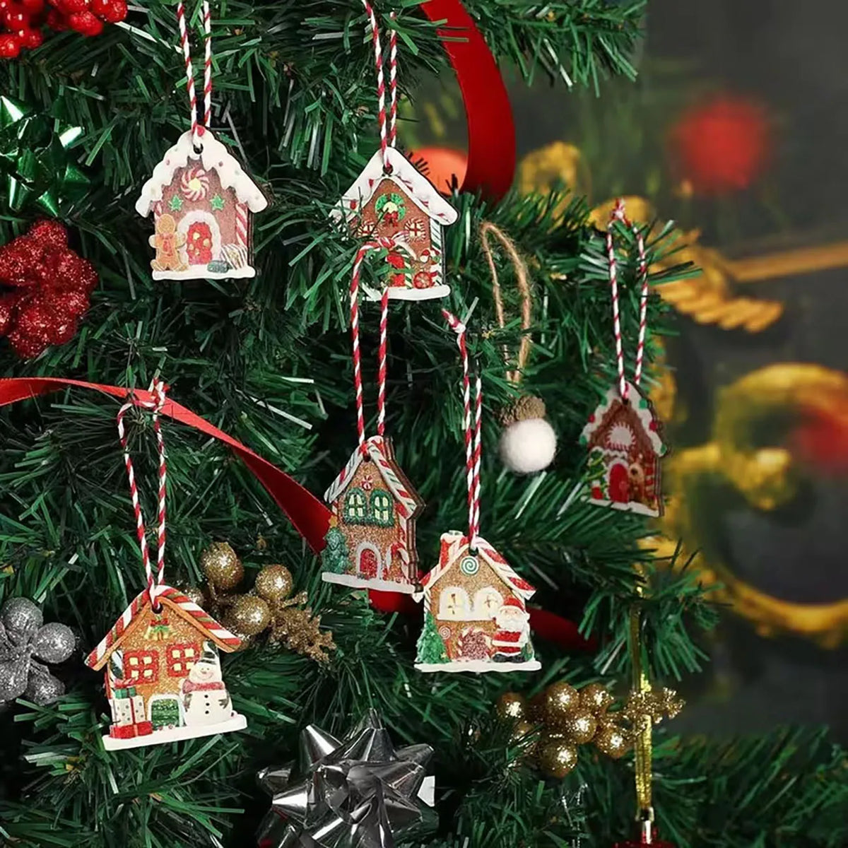 Wooden Gingerbread House Ornaments — Set of 12