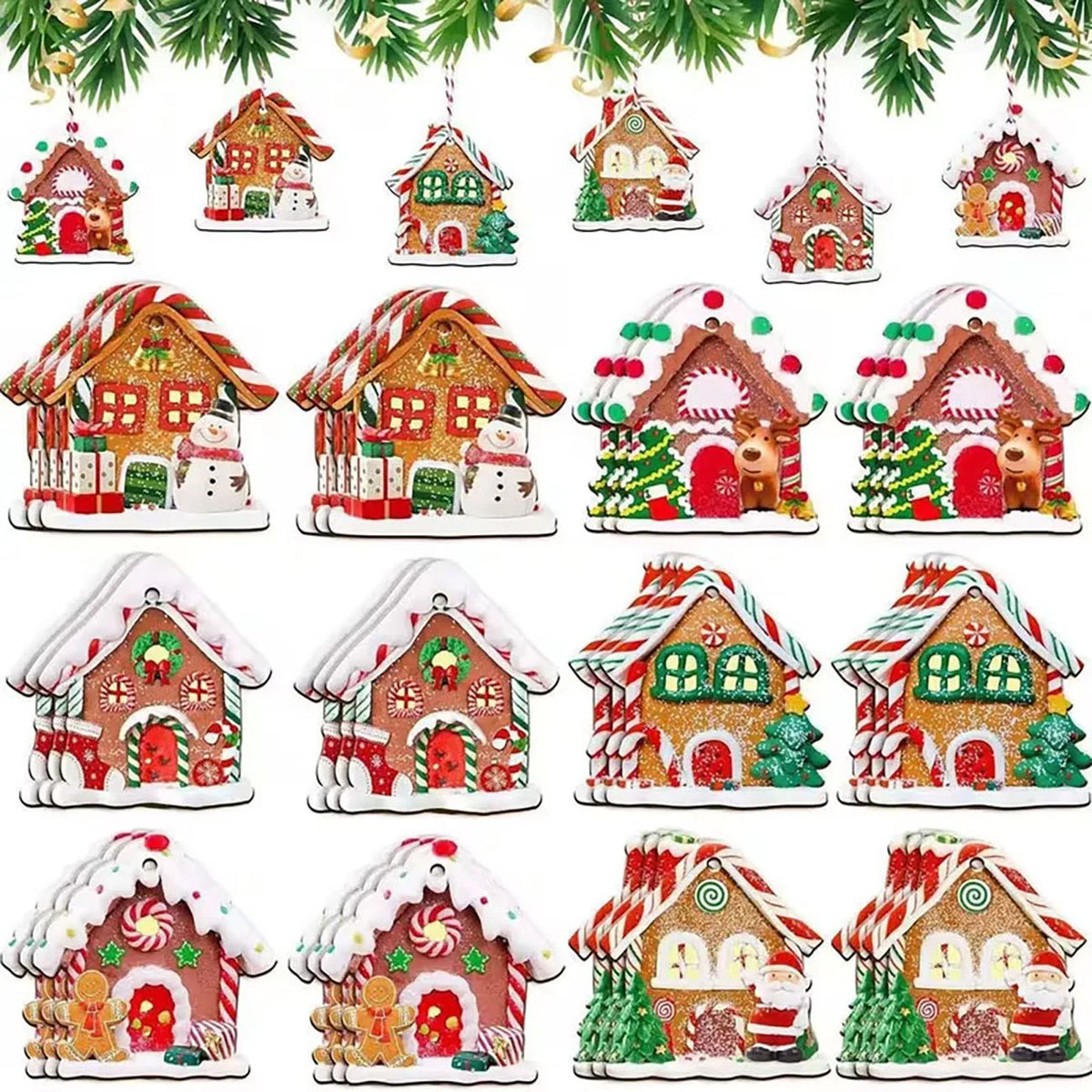 Wooden Gingerbread House Ornaments — Set of 12