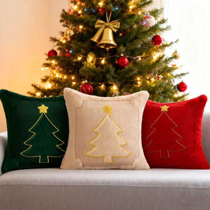 Embroidered Star & Christmas Tree Pillow Cover