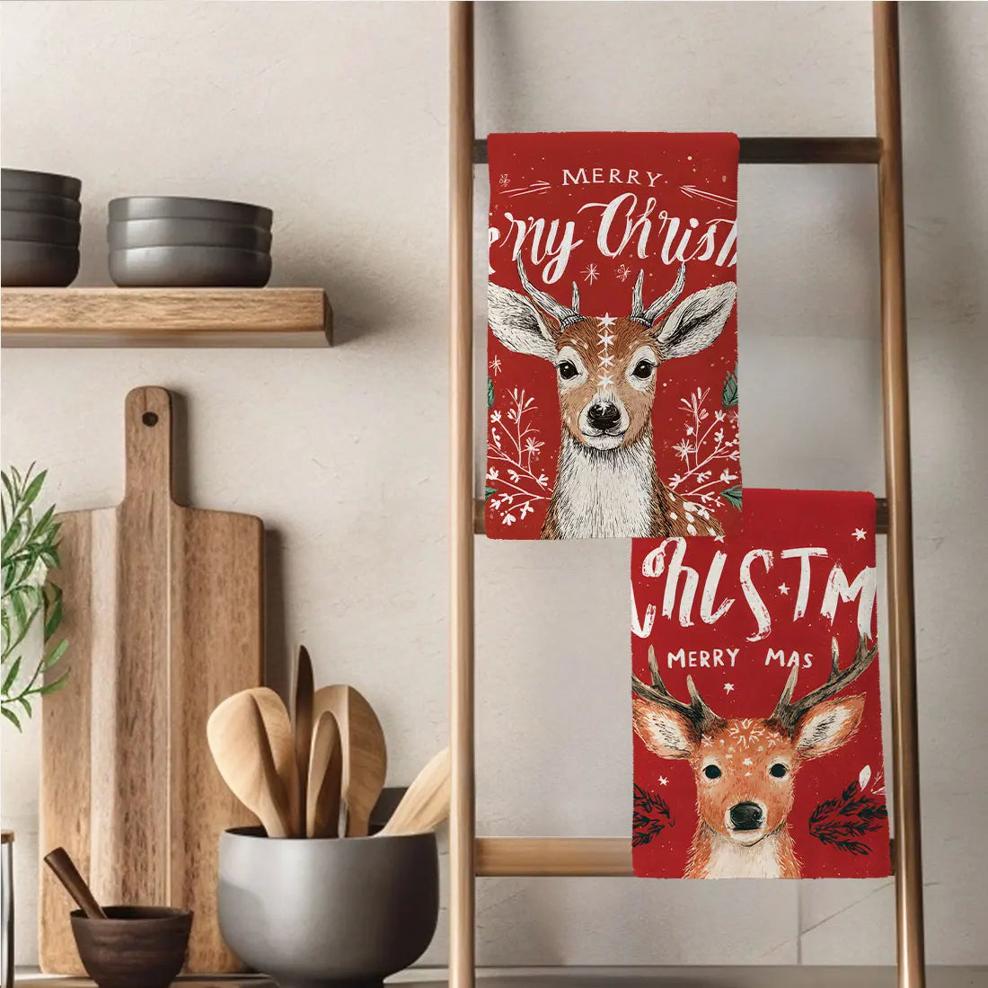 Red Reindeer Christmas Kitchen Towels — Set of 2