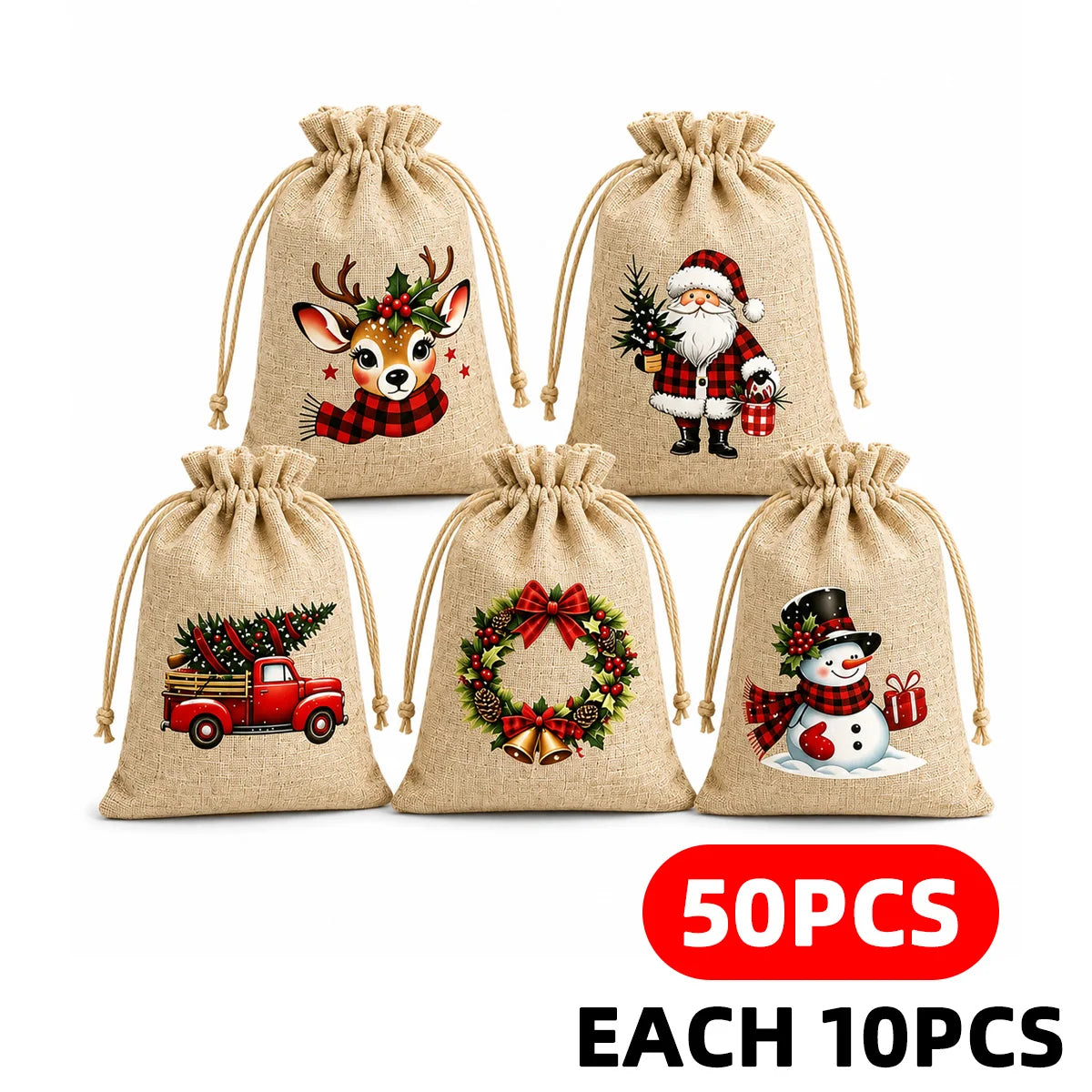 Linen-Look Christmas Drawstring Gift Pouches
