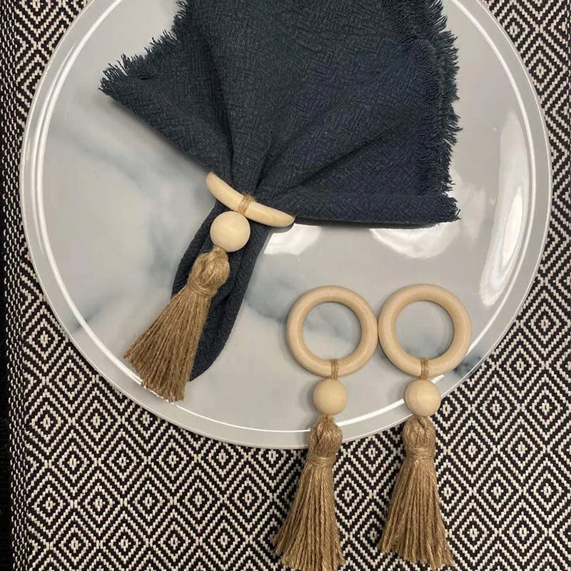 Wood Bead & Tassel Napkin Rings