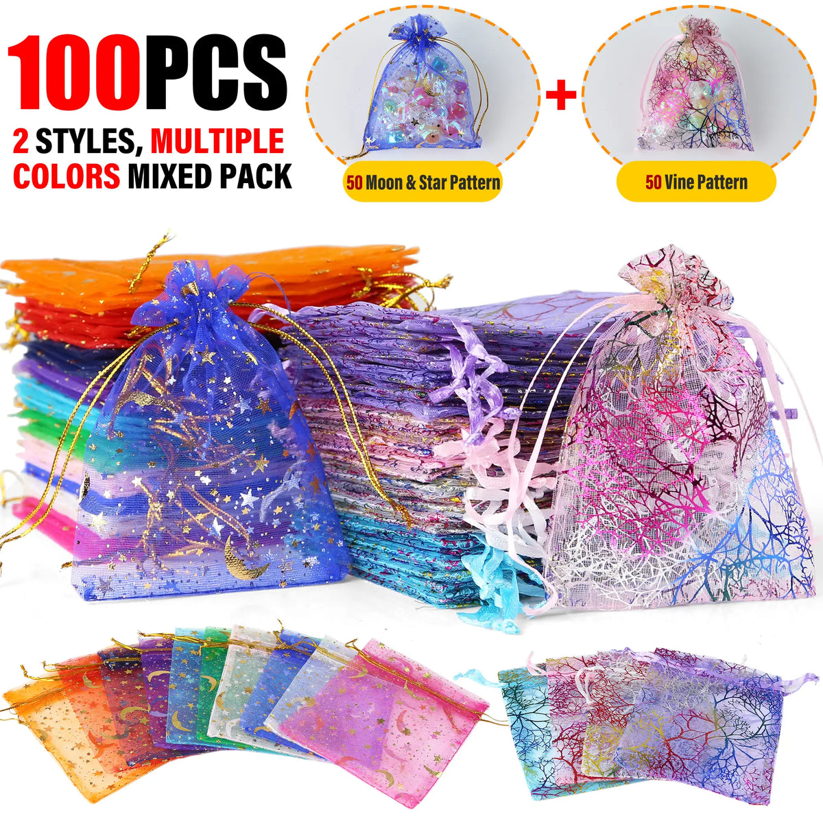 Gold Star Organza Gift Bags — Pack of 100