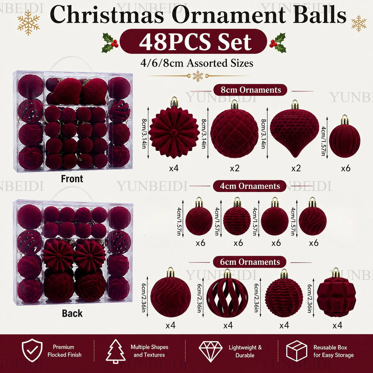 Velvet-Look Christmas Baubles — Set of 48