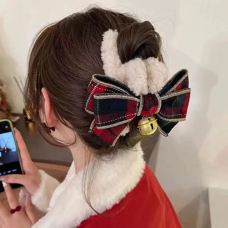 Christmas Bow and Bell Claw Clip