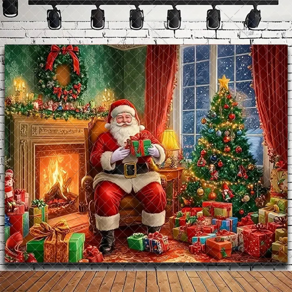 Santa & Fireplace Christmas Photo Backdrop