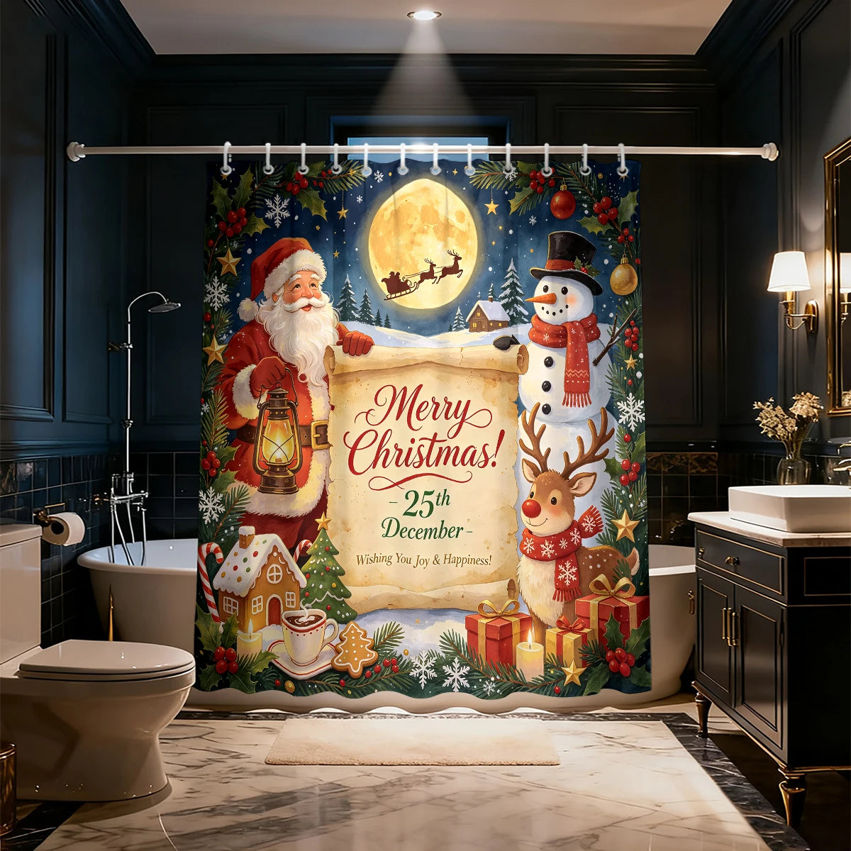 Santa and Snowman Moonlight Shower Curtain