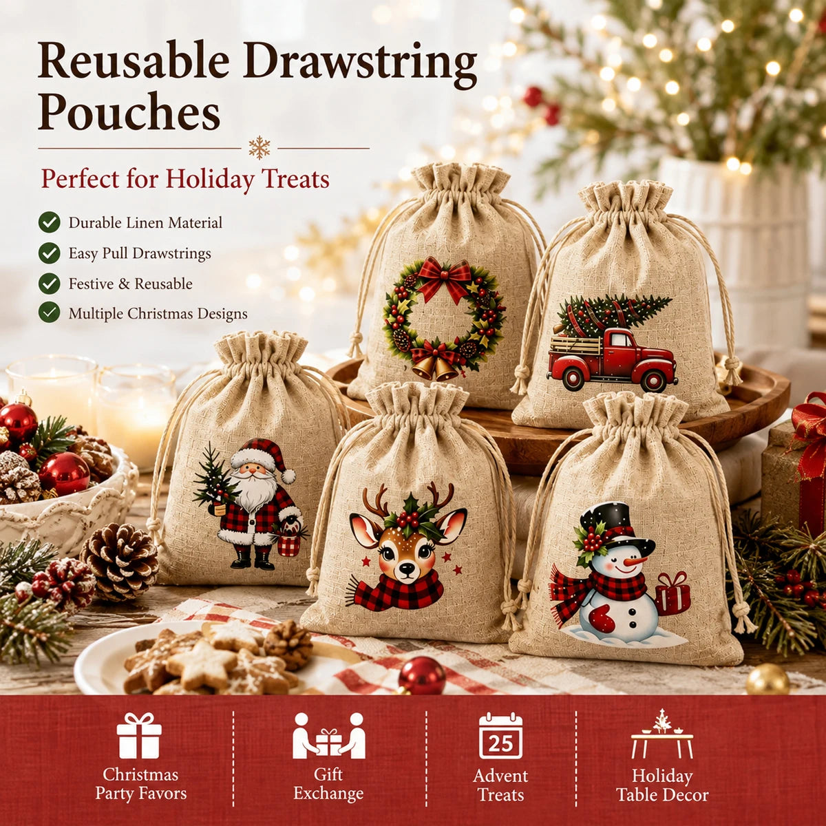 Linen-Look Christmas Drawstring Gift Pouches