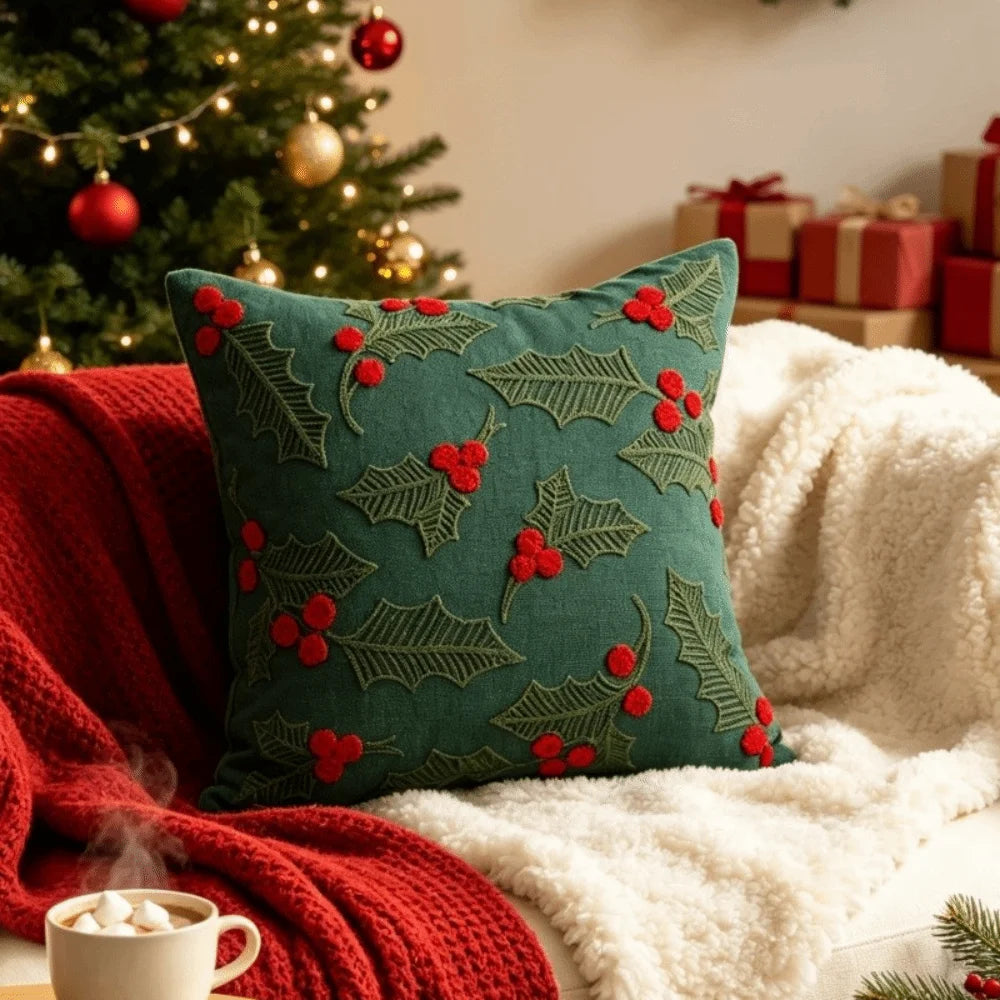Green Christmas Motif Pillow Cover