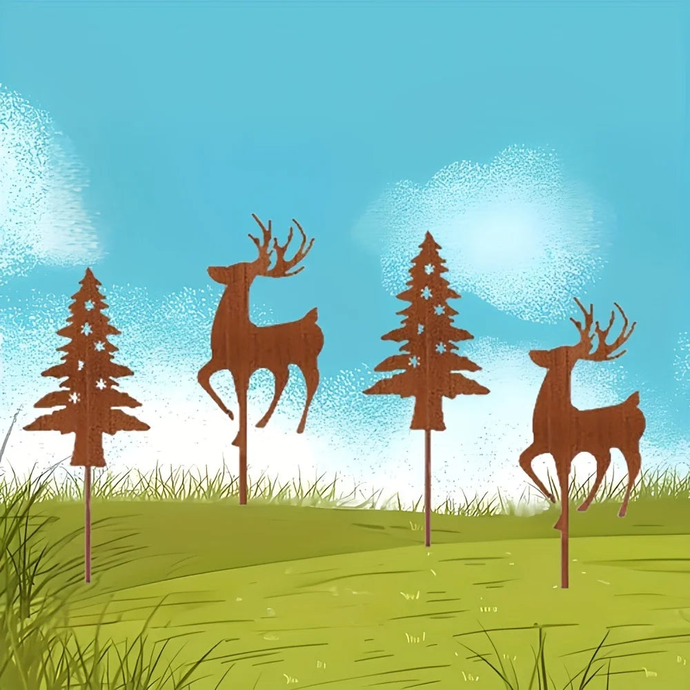 Christmas Tree & Deer Metal Yard Stakes
