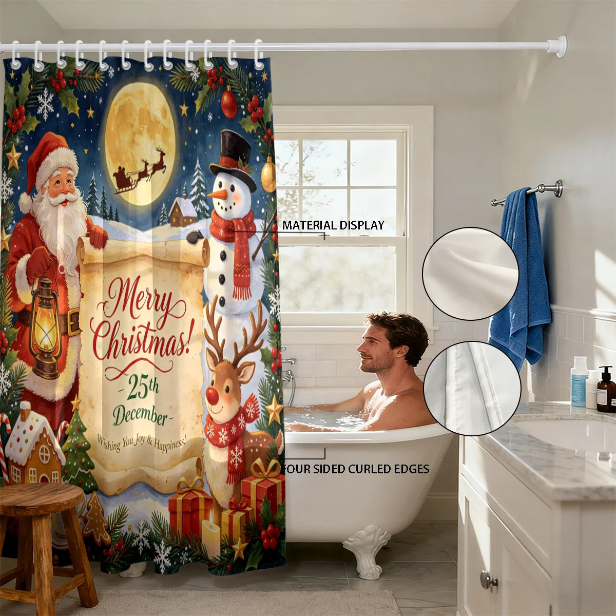 Santa and Snowman Moonlight Shower Curtain