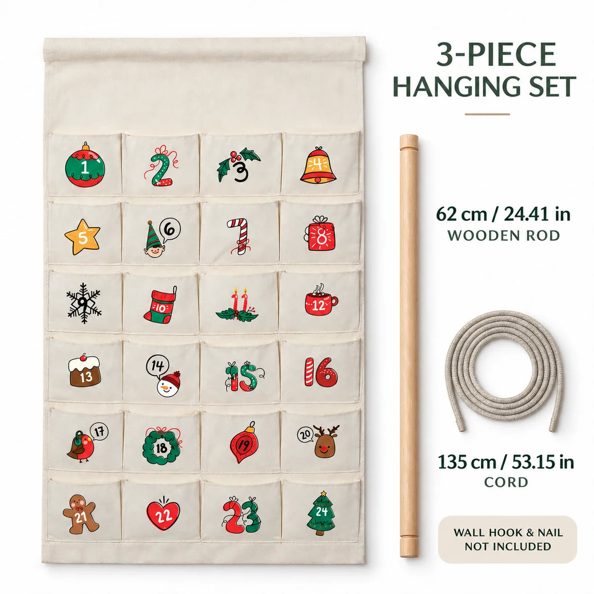 24-Pocket Canvas Christmas Advent Calendar