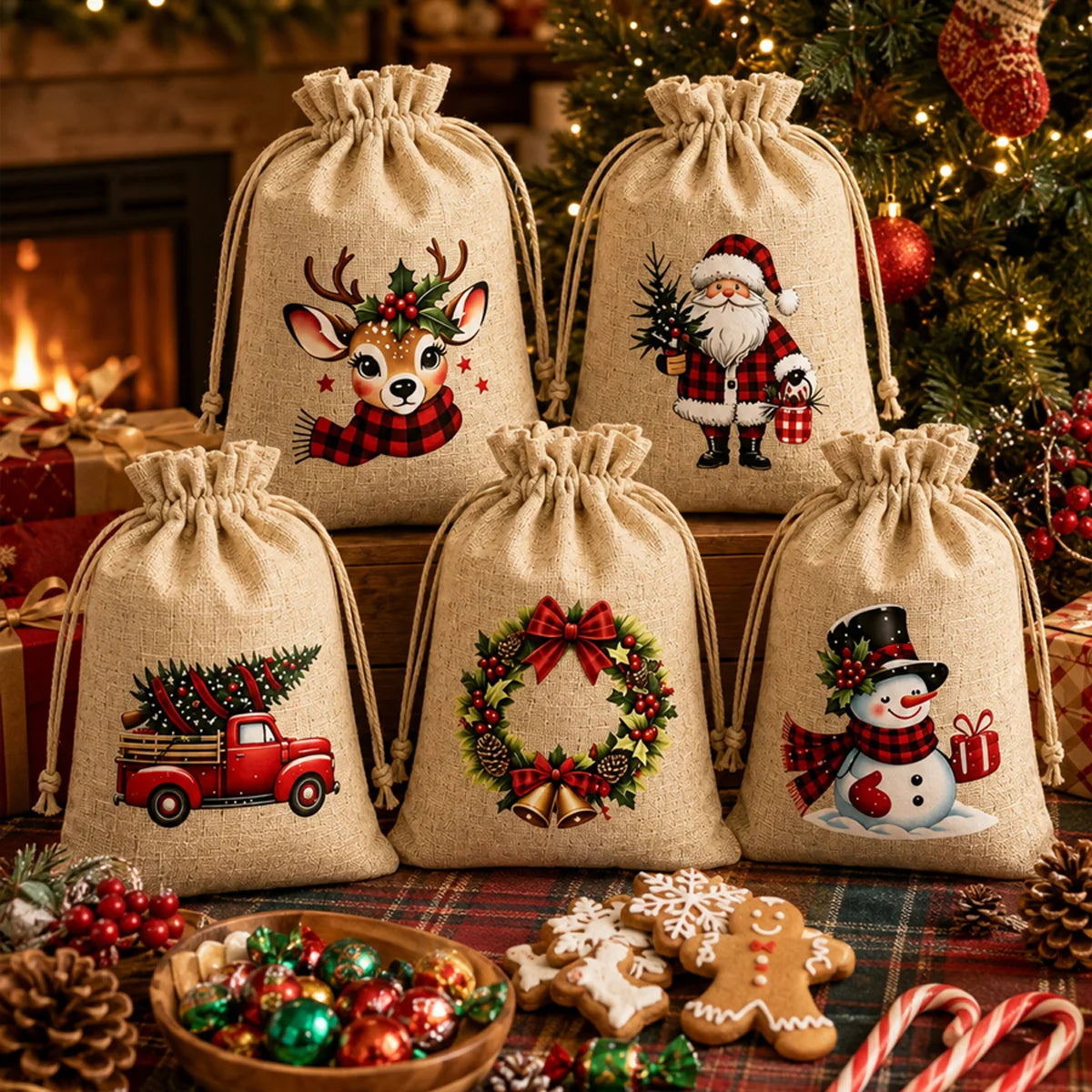 Linen-Look Christmas Drawstring Gift Pouches