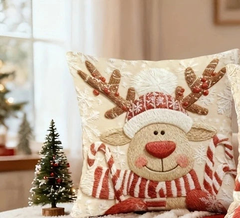 Reindeer & Candy Cane Pillow Cover