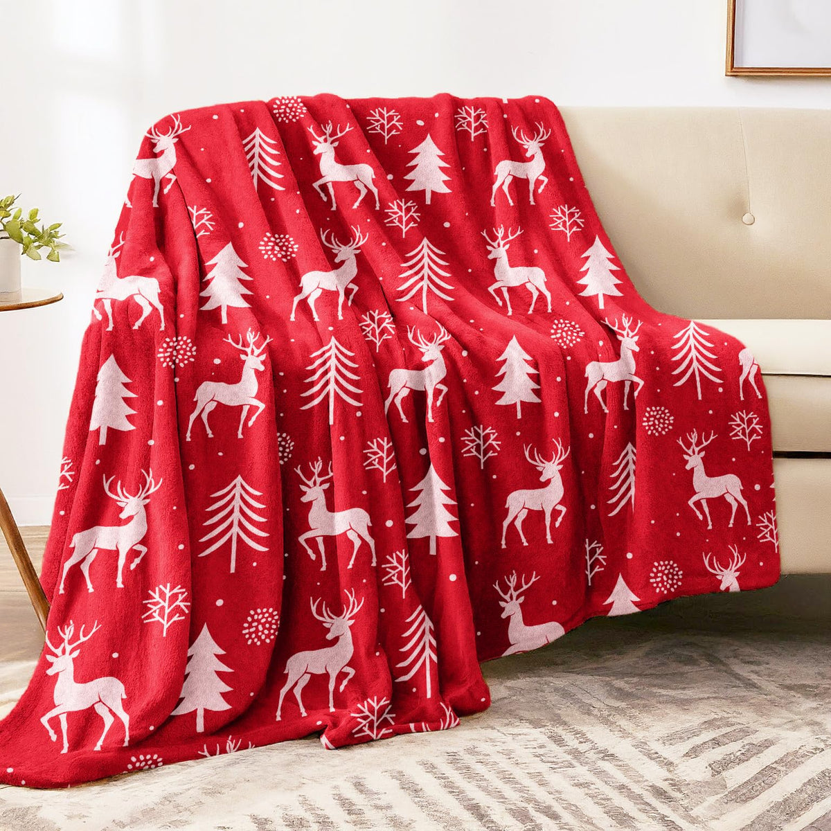 Red Reindeer & Tree Fleece Throw