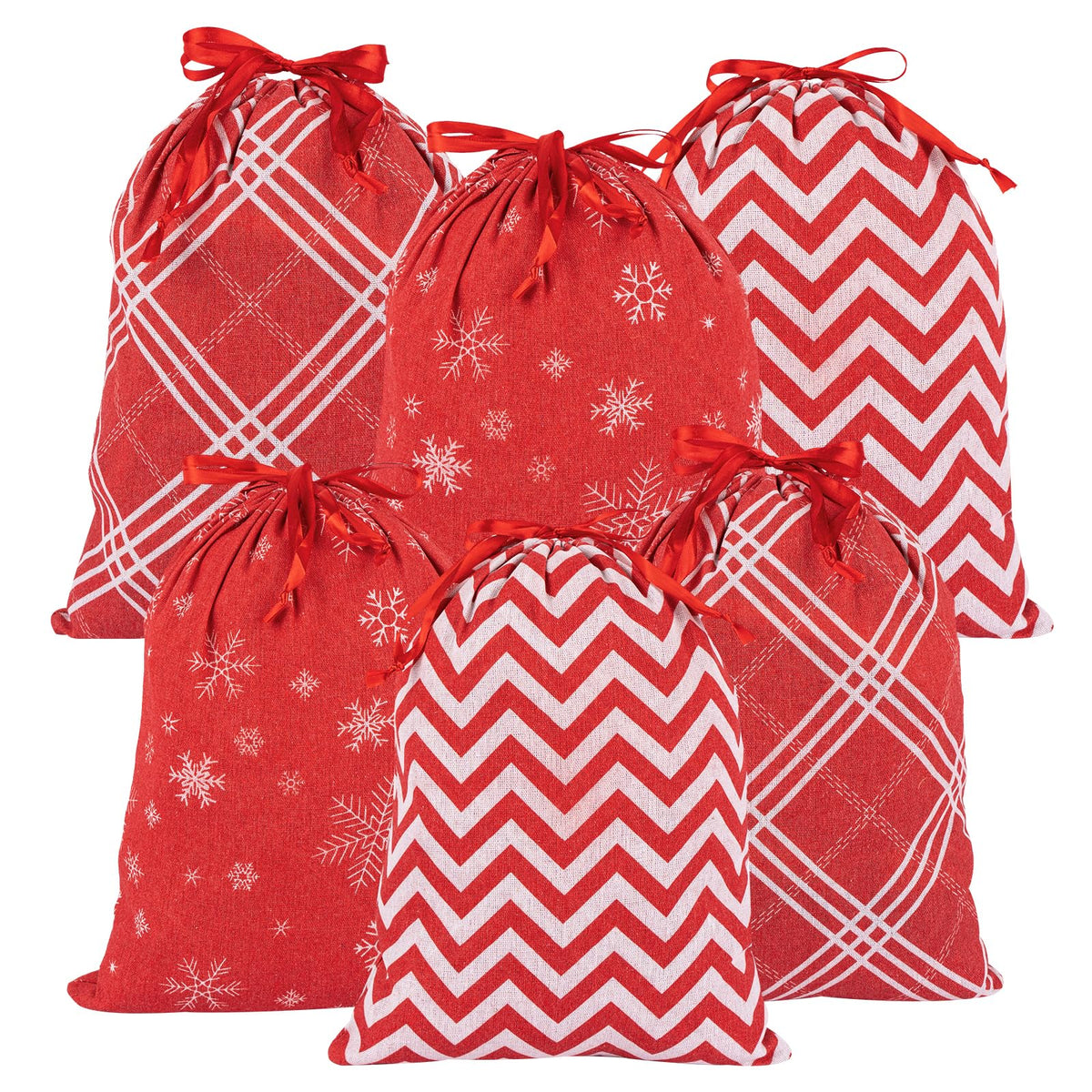 Red Cotton Christmas Gift Bags — Set of 6