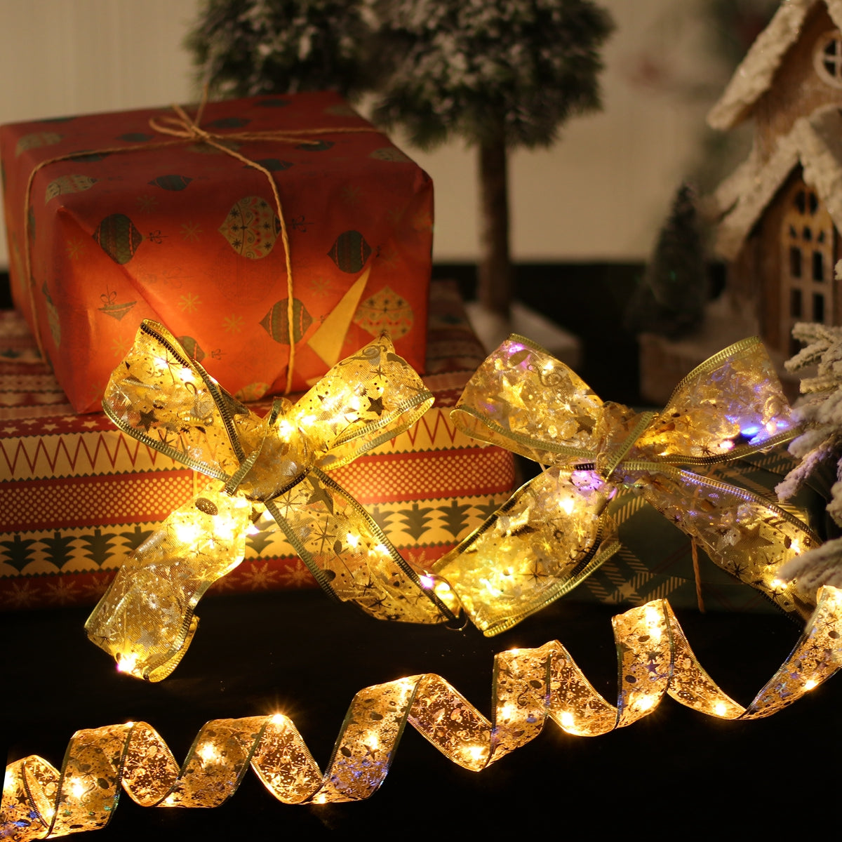 Christmas Ribbon Fairy Light String Garland for Decor