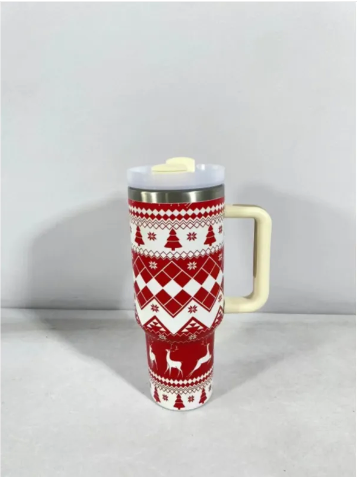 Christmas Stainless Steel Travel Mug with Handle, Lid, and Straw