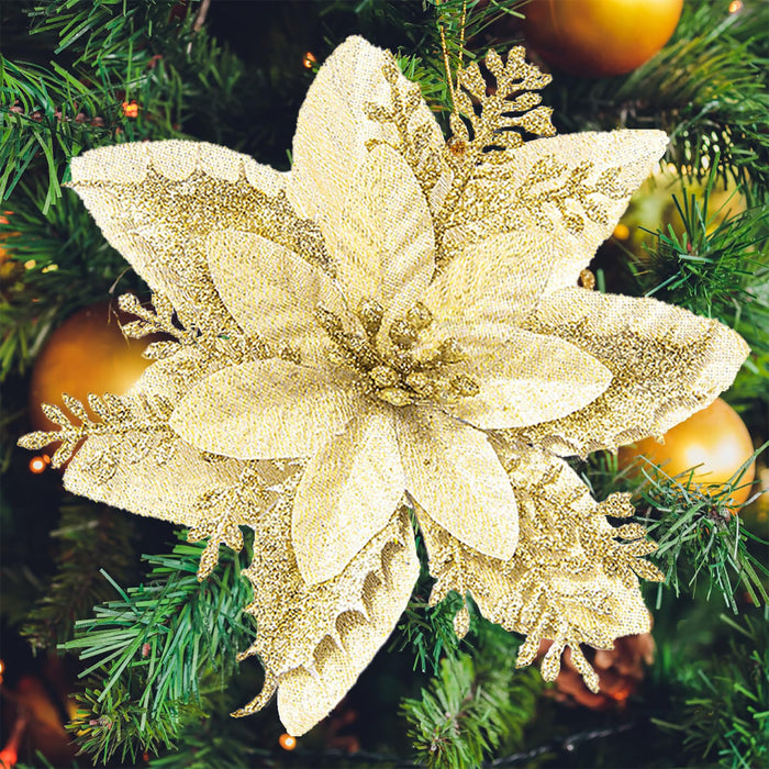 Glitter Poinsettias with Clips & Stems — Set of 24