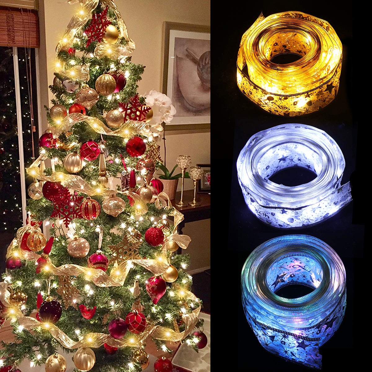 Christmas Ribbon Fairy Light String Garland for Decor
