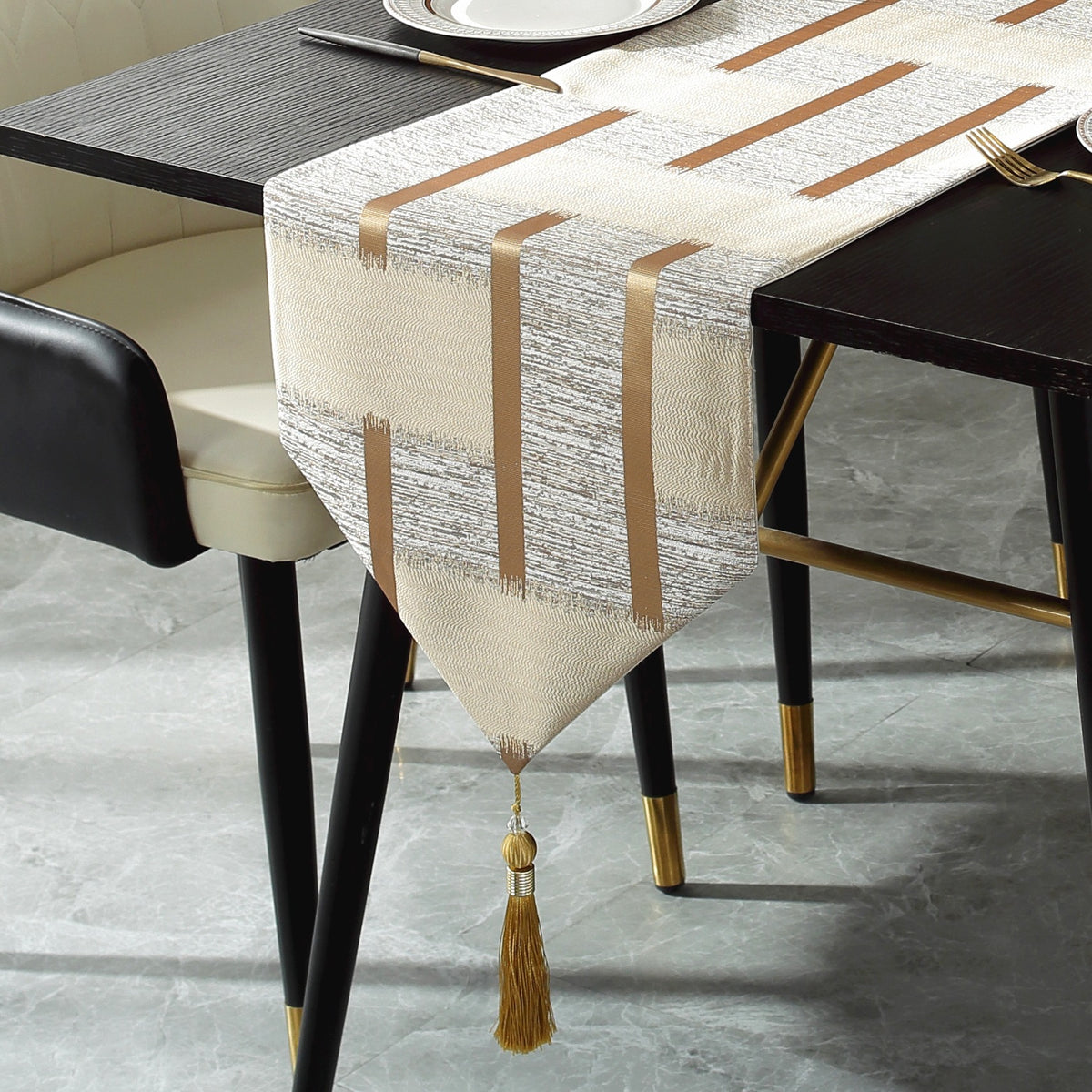 Beige Table Runner with Gold Edging for Christmas Decor
